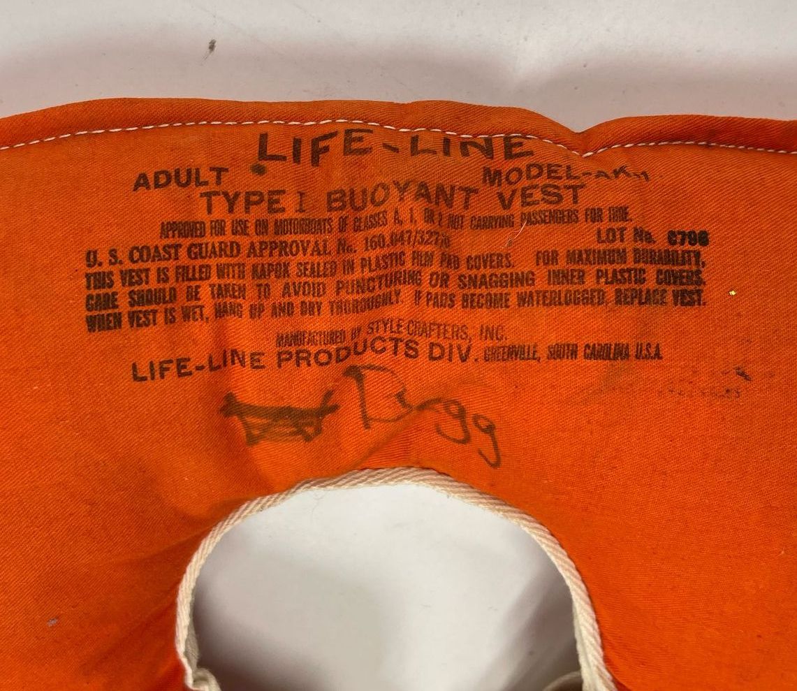 Vintage Life-Line AK-1 Orange Puffy Tie Front Life Vest with Clip Belt