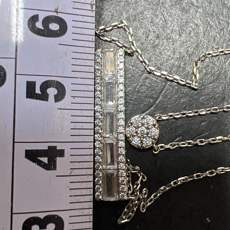 925 Sterling Silver Two Strand Layered Necklace Baguette CZ Bar & Pavé Disc 4.5g