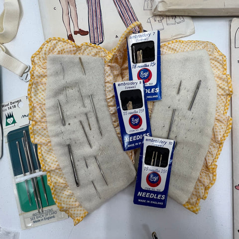 Vintage Sewing Lot Butterick Patterns Bondex Patches Boye Needles Notions