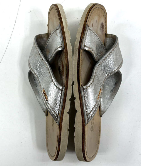 Prada Metallic Silver Leather Criss Cross Platform Slide Sandals Size 37