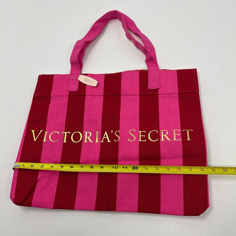 NWT Victoria's Secret Pink Red Striped Canvas Tote Bag Gold Logo