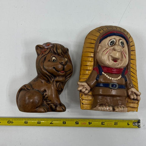 Vintage Ceramic Lion Figurines & Wall Plaque Lot of 3 Hand Painted 1970s