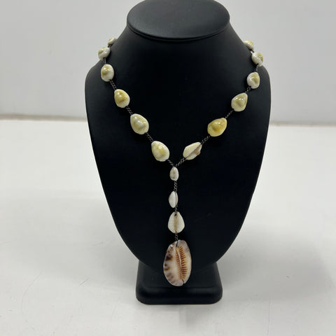 Vintage Cowrie & Conch Shell Y-Necklace Sterling Silver Chain Bohemian Style