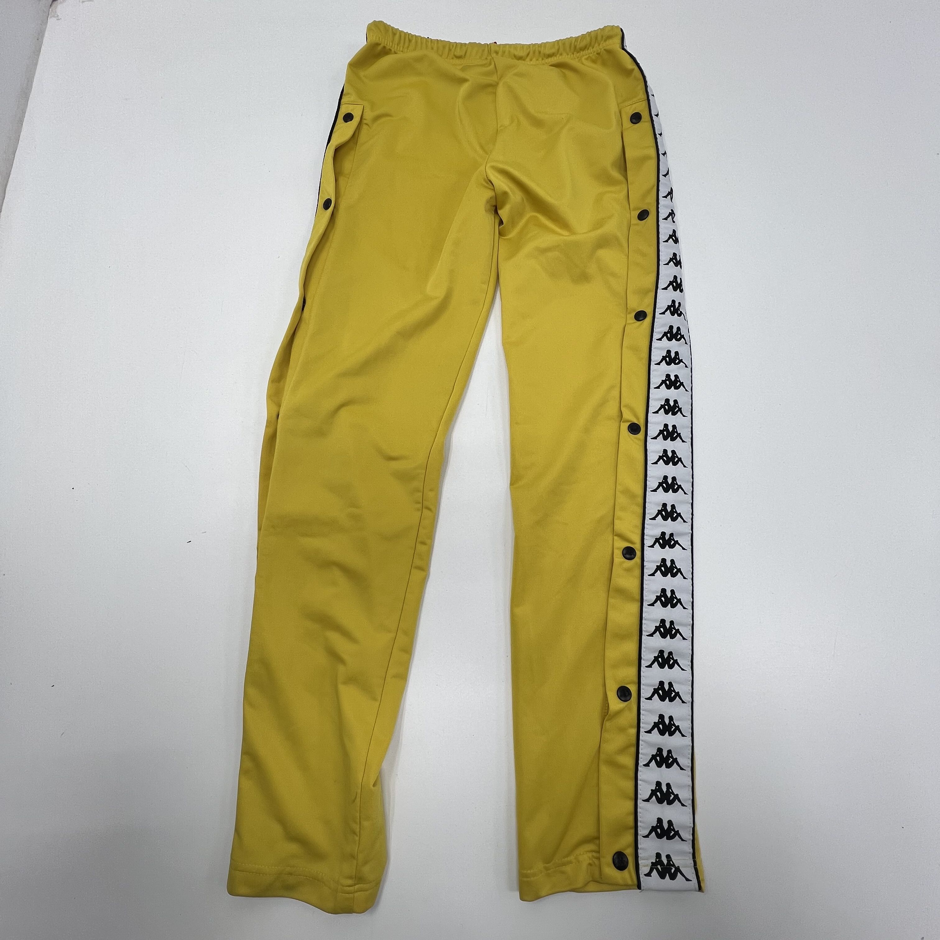 Kappa Yellow Track Pants Size Large Side Graphic Logo Buttons Drawstring Waist