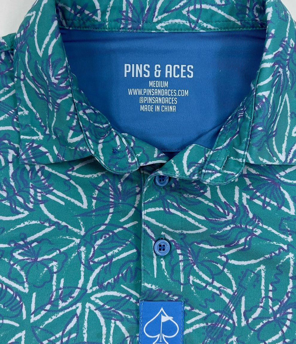 Men's Pins & Aces Turquoise Tropical Print Short Sleeve Polo Size Medium