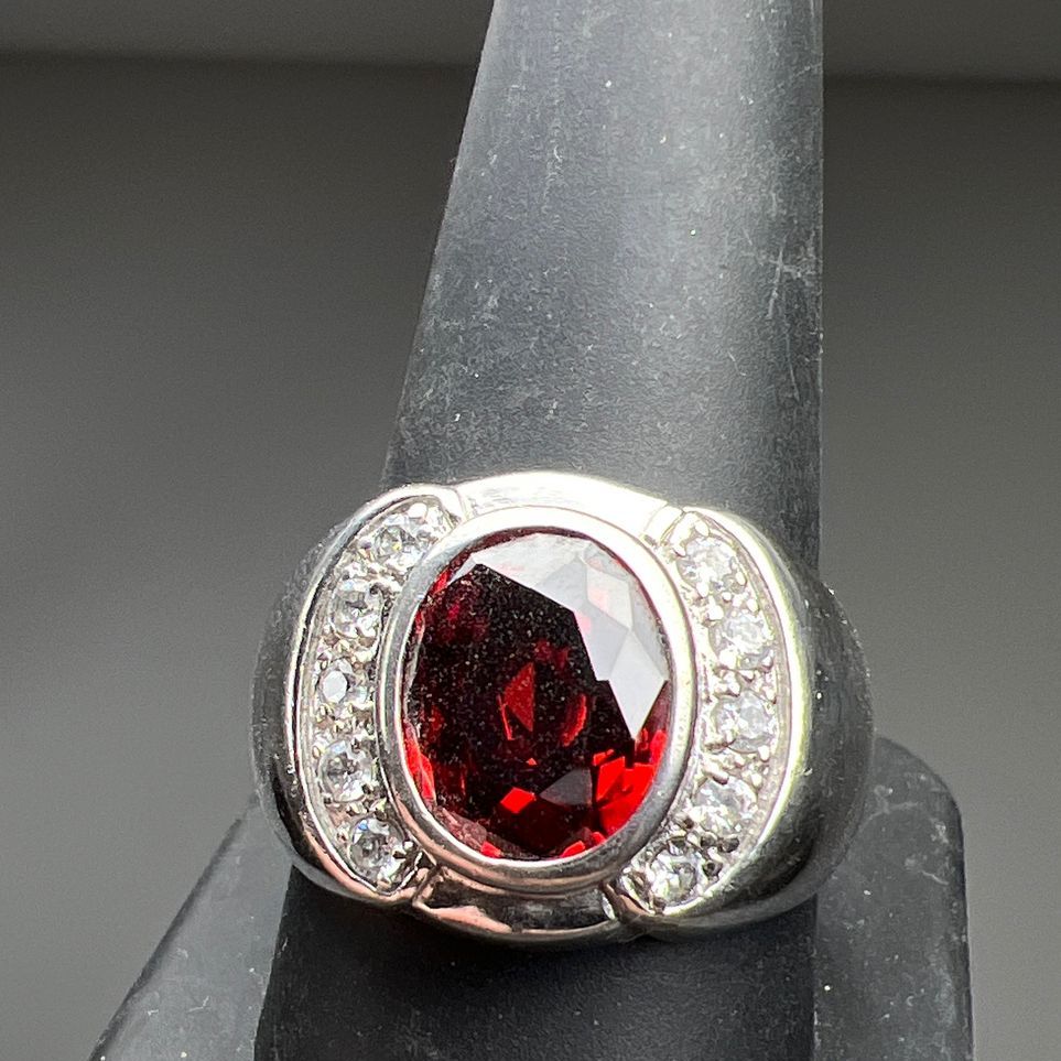 Vintage Sterling Silver Red & Clear Rhinestone Ring Size 11