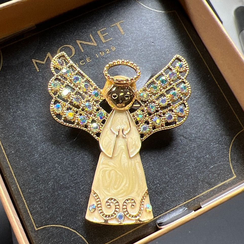 Monet Rhinestone Angel Gold Tone Brooch In Box