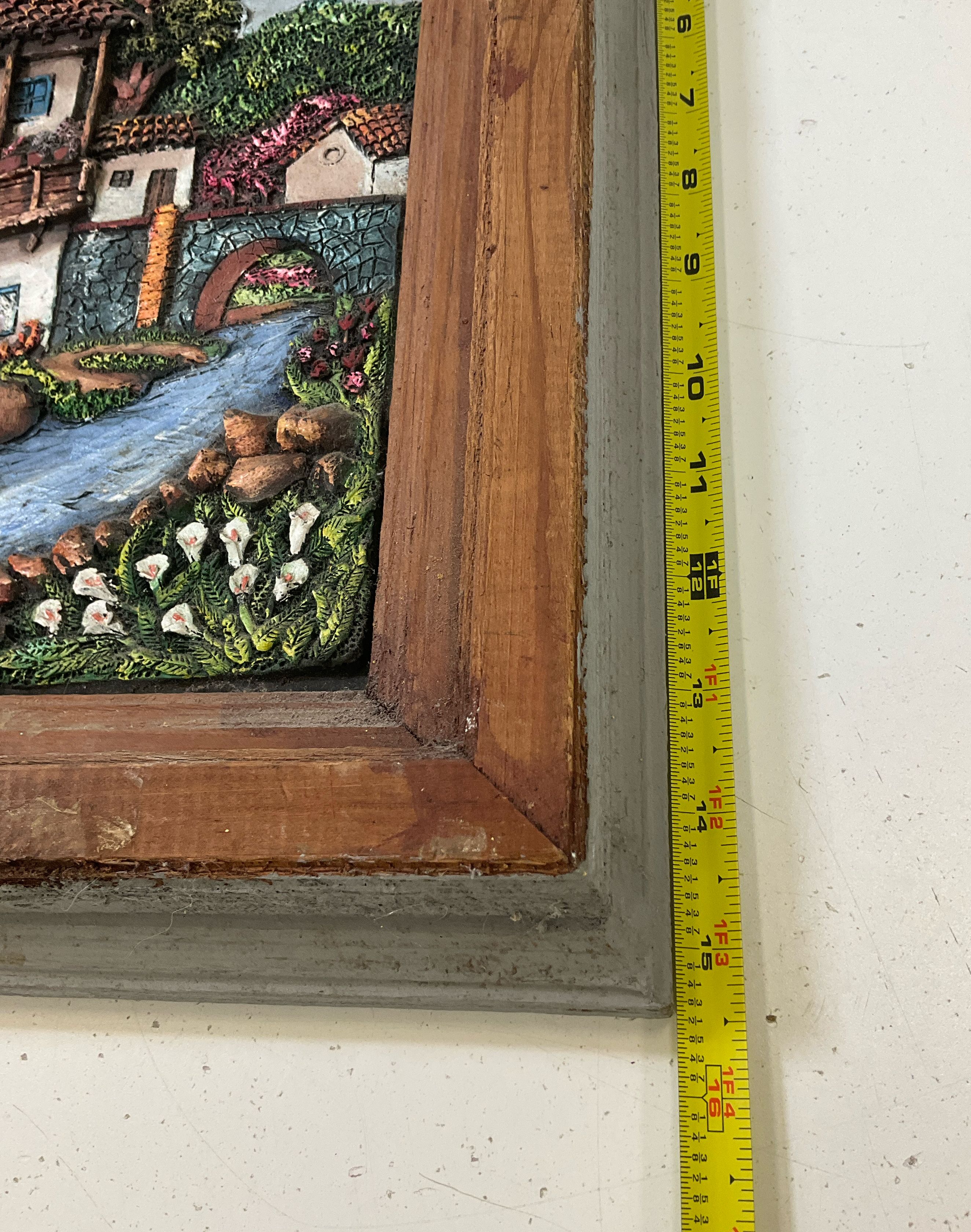 Vintage Framed Terracotta 3D Painting South America House & Stream Approx 14x16