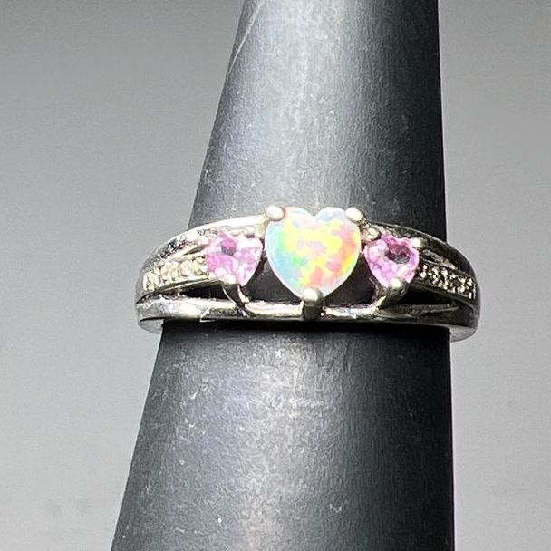 925 Sterling Silver Heart Opal, Pink Topaz & Sapphire Accent Ring Size 5.75g