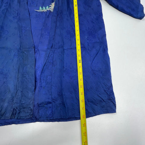 Vintage Japanese Dragon Embroidered Souvenir Robe Jacket Blue Rayon Mid-Century