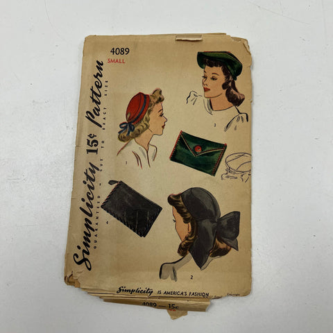 Vintage 1942 Simplicity 4089 Pattern Accessory Set Hat Bag Womens Small