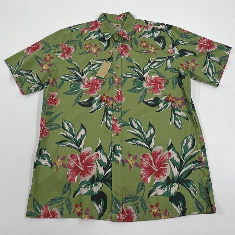 NWT Men's Cooke Street Green Tropical Print Button Up Short Sleeve Shirt Medium