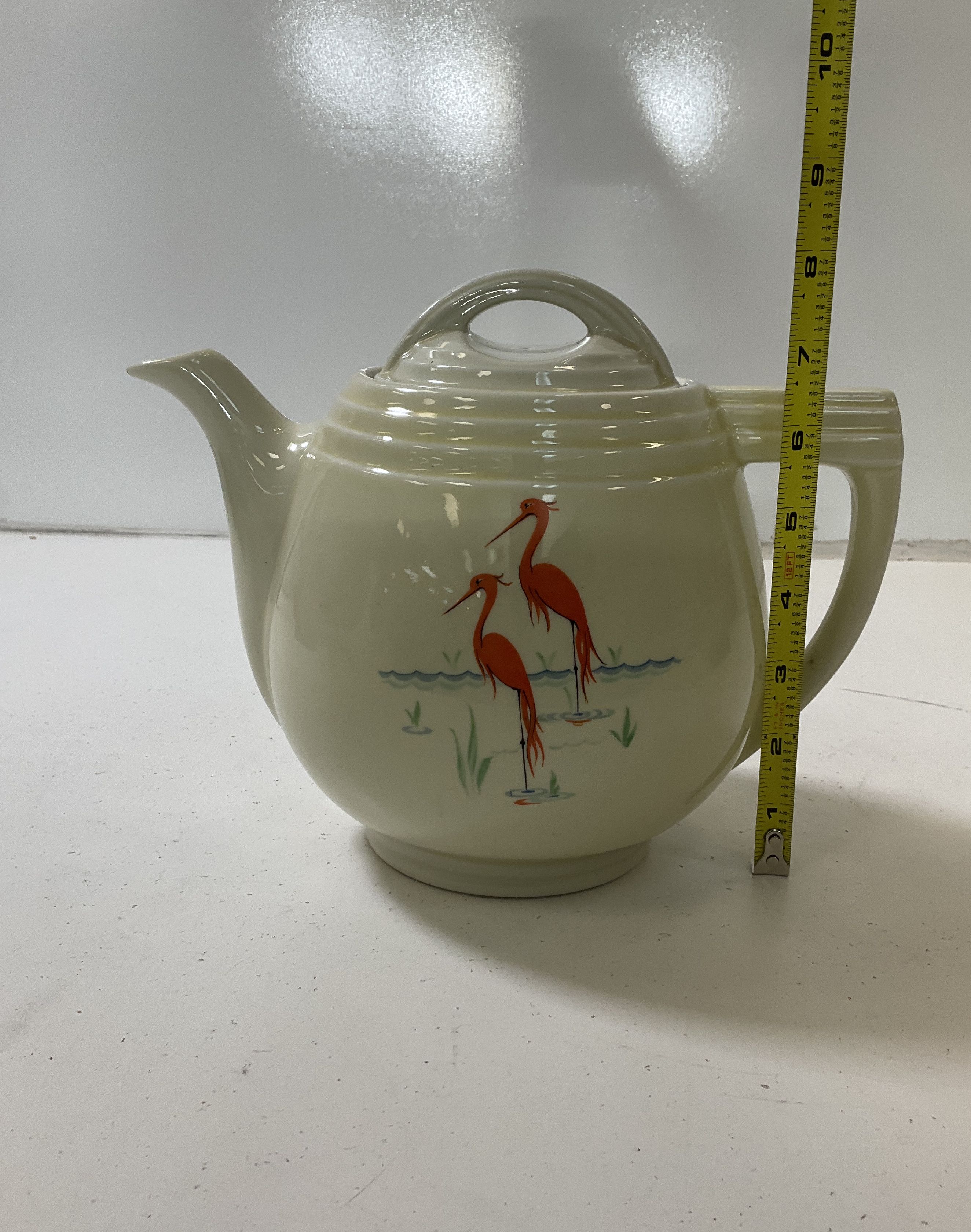 Vintage 1930s Drip O Later Art Deco Crane Birds Ceramic Coffee Pot & Lid UV Glow