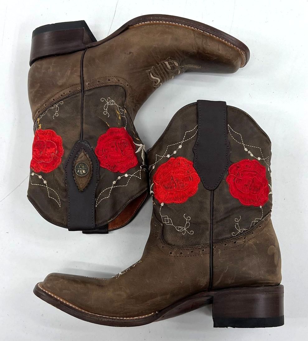 Verthali Women's Brown Floral Embroidered Faux Leather Cowboy Boots Size 9.5