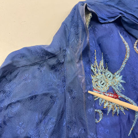 Vintage Japanese Dragon Embroidered Souvenir Robe Jacket Blue Rayon Mid-Century