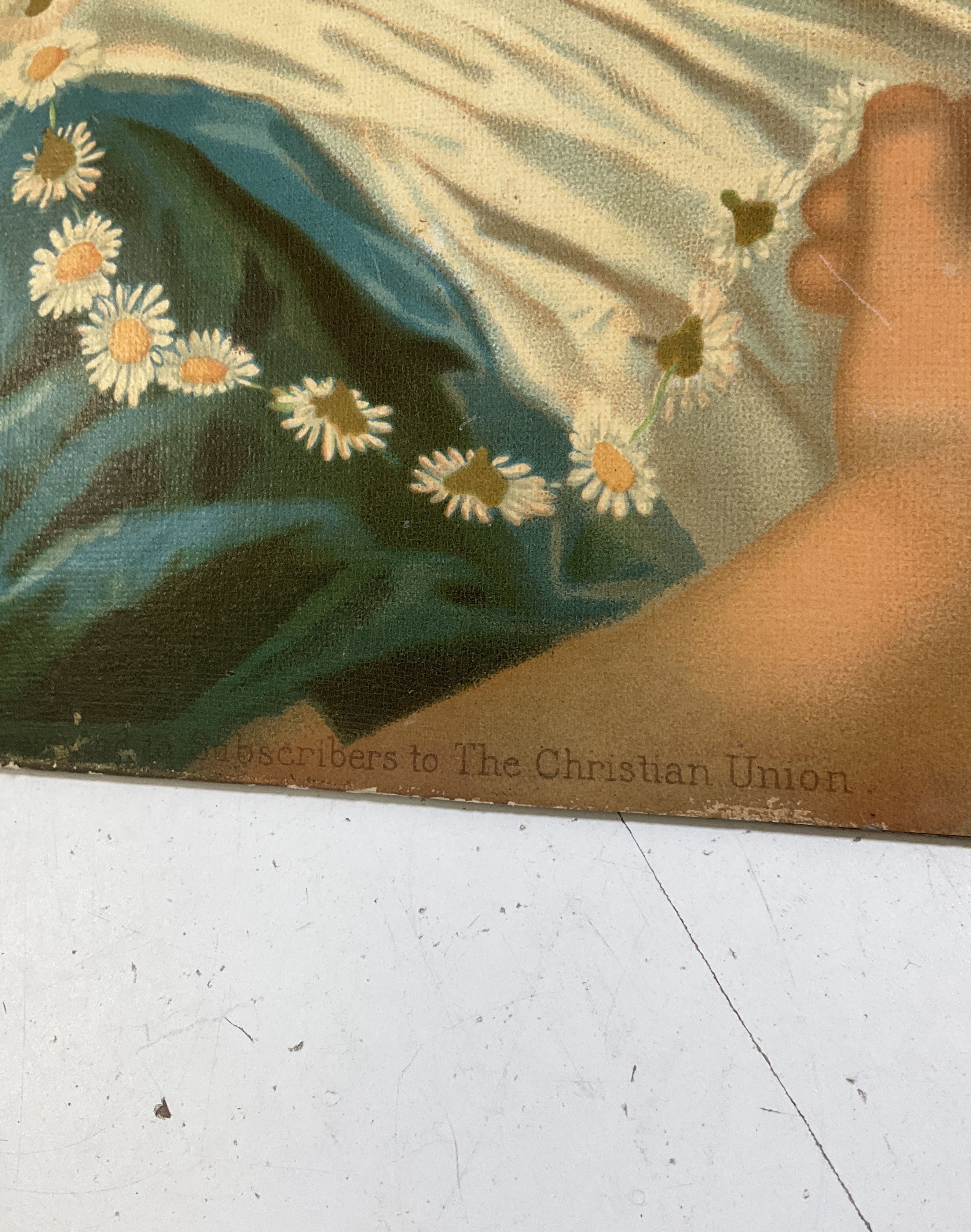 Unsigned Antique Victorian Print Girl w/ Daisy Chain Christian Union 10.5x12.5