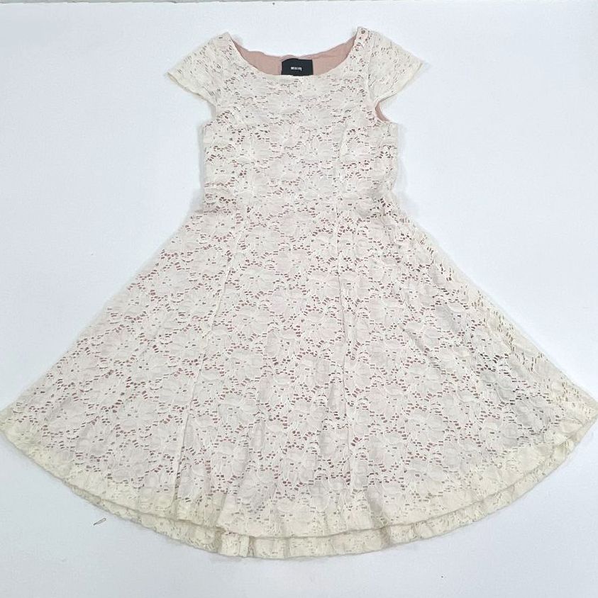 Women's Maeve by Anthro Cream Lace Pink Lining Cap Sleeve Dress - Size Small