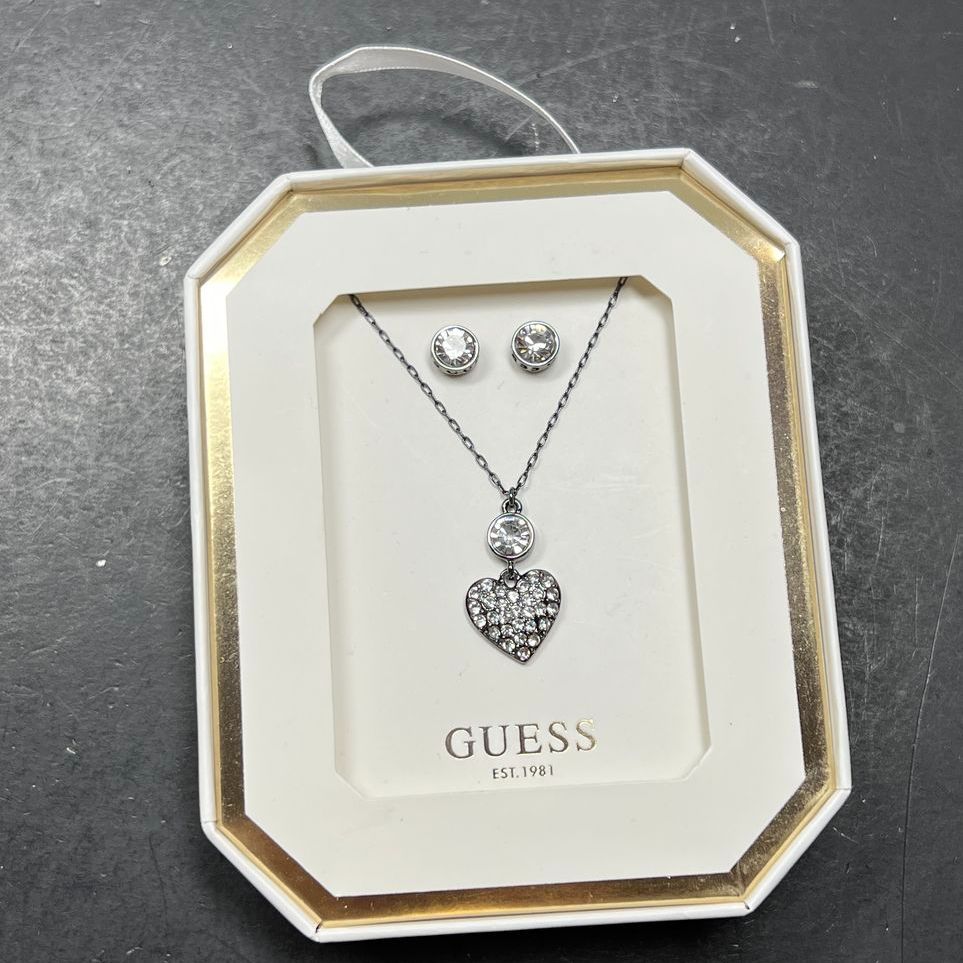 Guess Dark Metal Heart Rhinestone Necklace & Earrings Set NIB