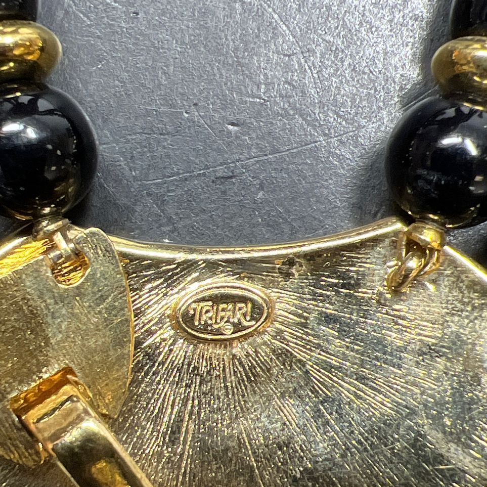Trifari Black Enamel Gold Tone Pendant Beaded Necklace