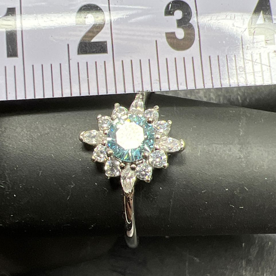 Sterling Silver Round Blue & Clear Stone Ring Size 8.75