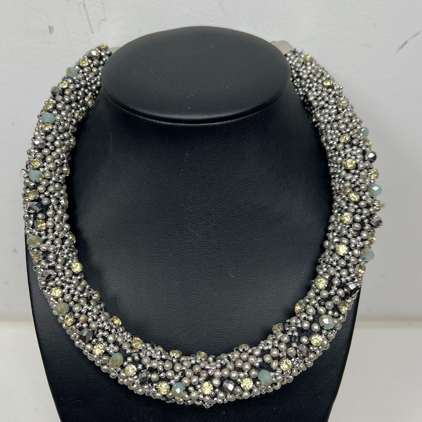 ZARA Glitzy Beaded Statement Collar Necklace Adjustable Silver Tone Signed