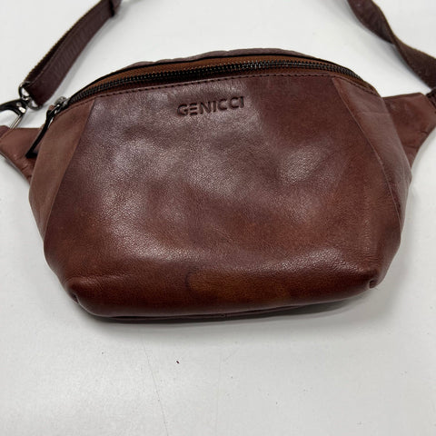 Genicci Brown Leather Fanny Pack Belt Bag Crossbody Gunmetal Hardware