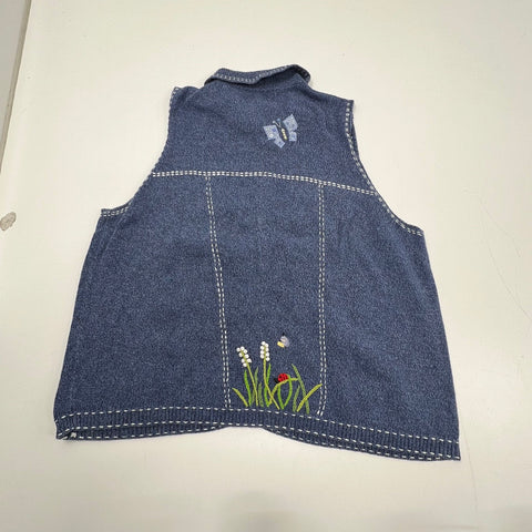 Vintage Y2K Quacker Factory Blue Embroidered Bugs Garden Sweater Vest Women's 3X
