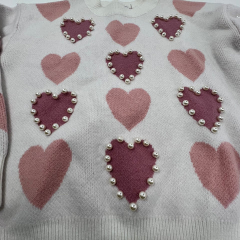 English Factory White Pink Heart Print Faux Pearl Knit Sweater Women's M