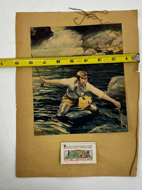 Vintage 1931 Brown & Bigelow Fishing Print w/ Calendar Angler Art 11.5x9.5"