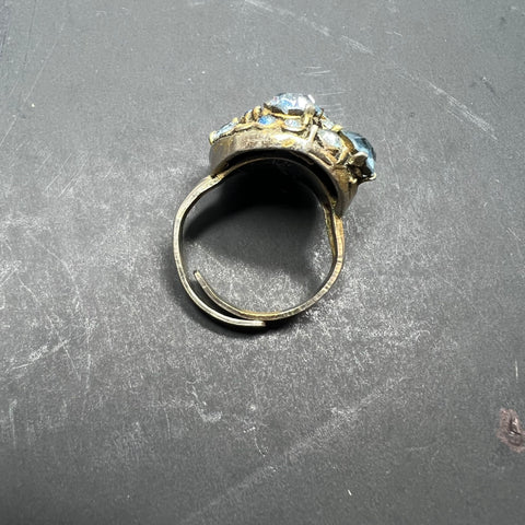 Vintage MCM Hollycraft Ring Silver Tone Blue Rhinestones *Missing Stones