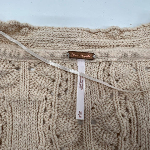 Free People Bonfire Cardi Cream Cropped Knit Puff Sleeve Cardigan Women's M