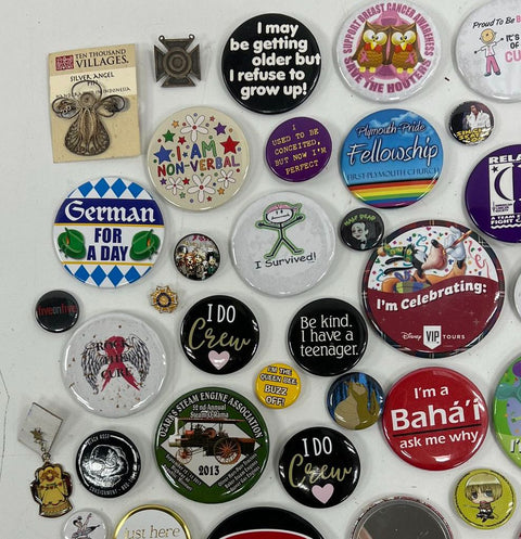 Lot of 85+ Pinback Buttons Enamel Lapel Pins Disney Novelty Humor Awareness