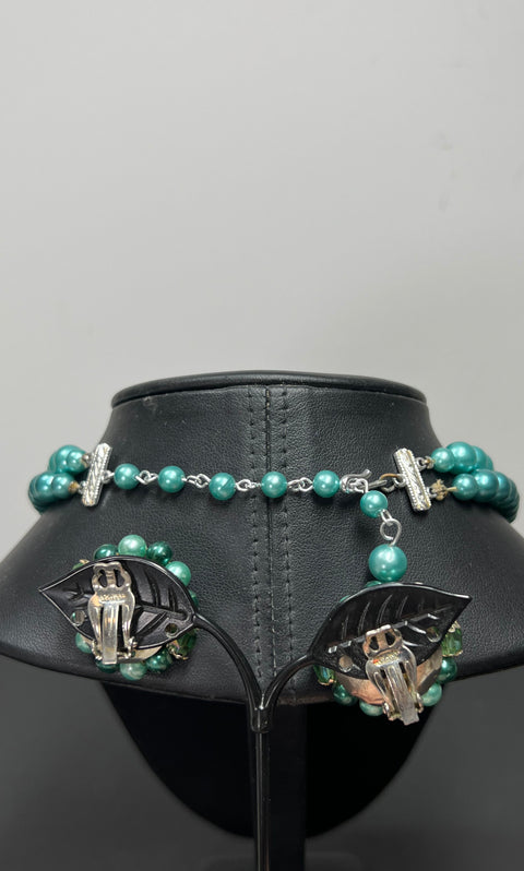 Vintage Lot 4pc Mid-Century Teal Blue Costume Jewelry Necklaces Clip On Earrings