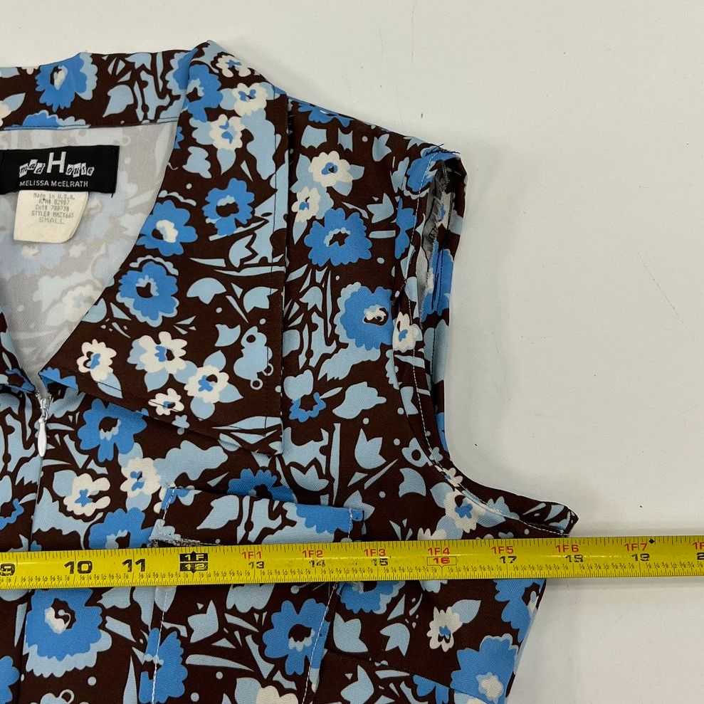 Vintage 90s Mad House Brown Blue Floral 60s Style A-Line Mini Dress Women's S