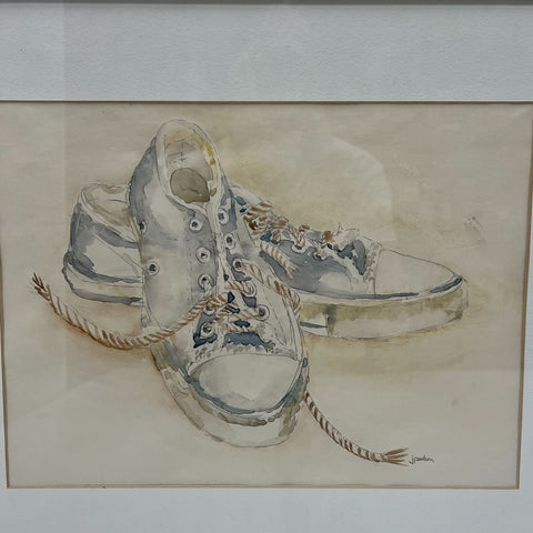 J Paulson Signed Original Watercolor Still Life Painting Sneakers Shoes 11x15