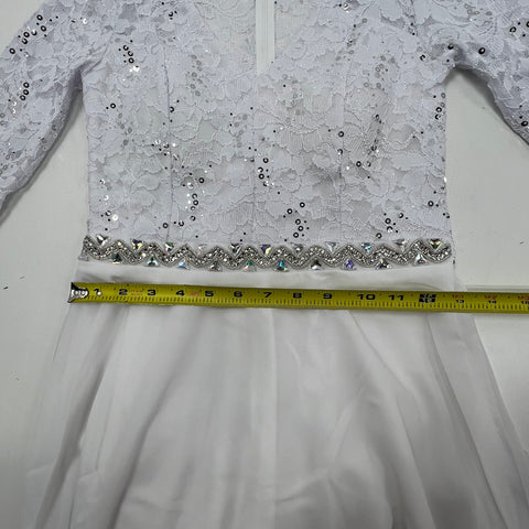 La Scala White Sequin Lace Bodice Rhinestone Formal Gown Dress Women's M