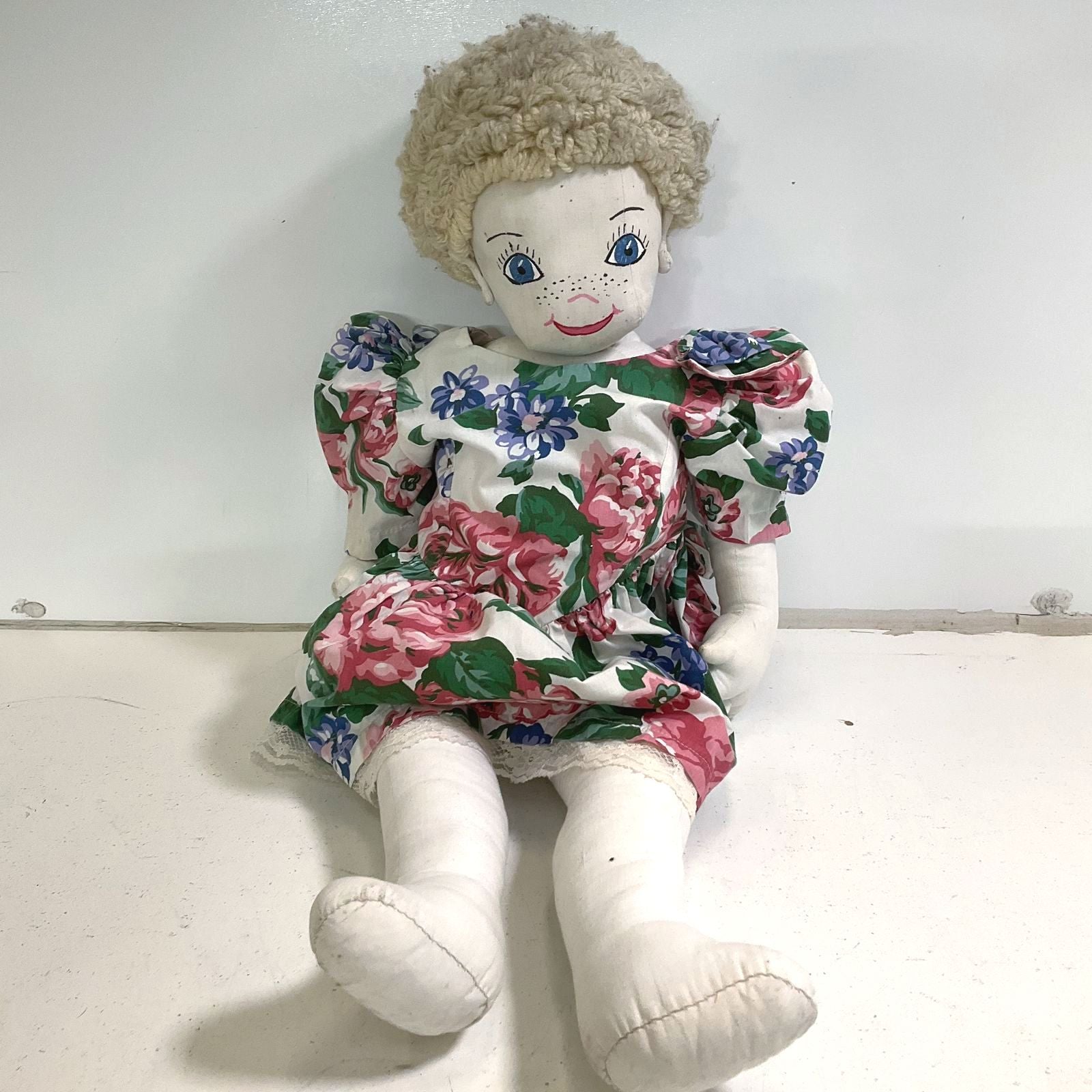 Vintage Handsewn Folk Art Cloth Rag Doll 16" Painted Face Floral Dress