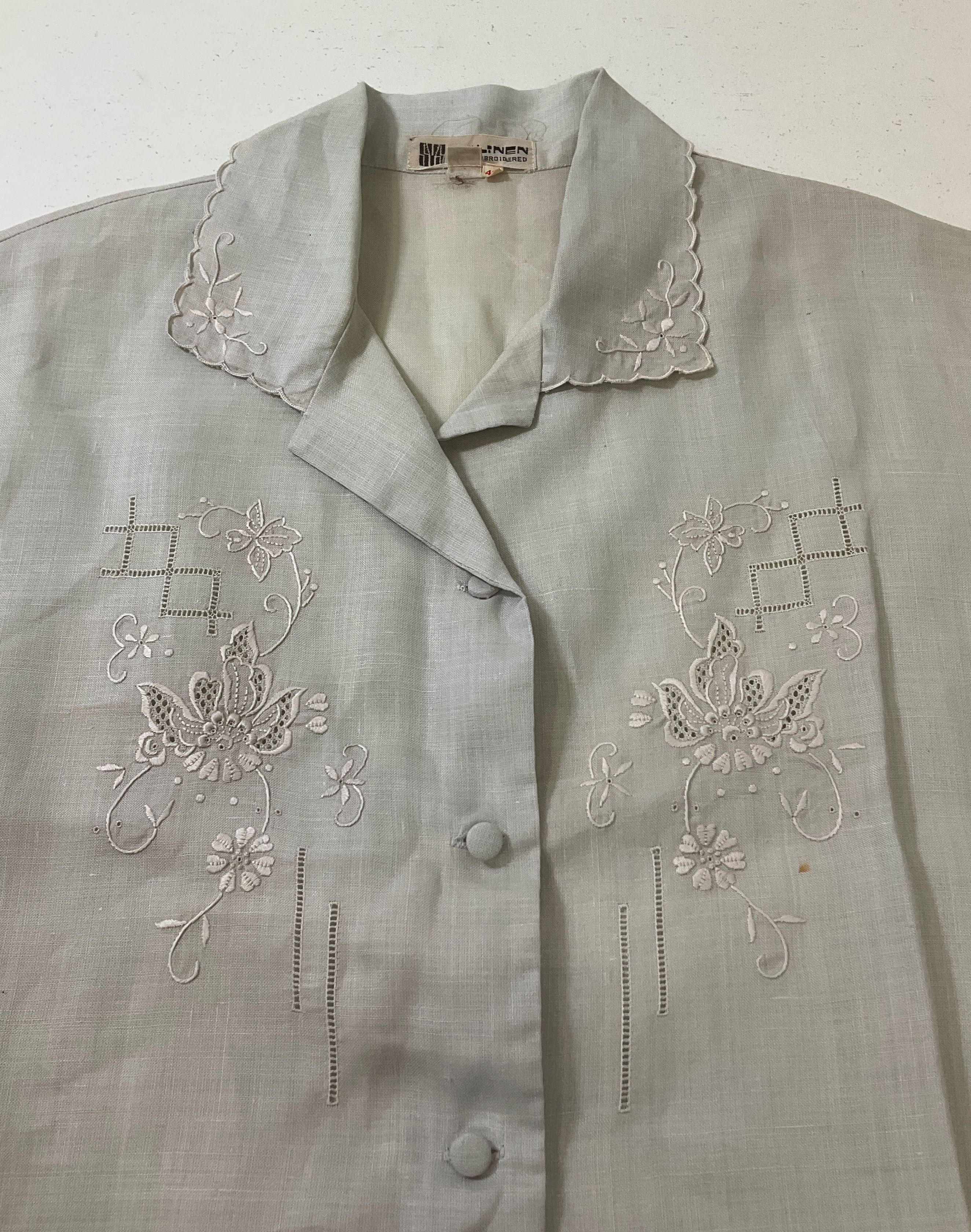 SYS Women's Pale Blue Gray Shirt Dress Hand Embroidered 100% Linen Sz 42 Vintage