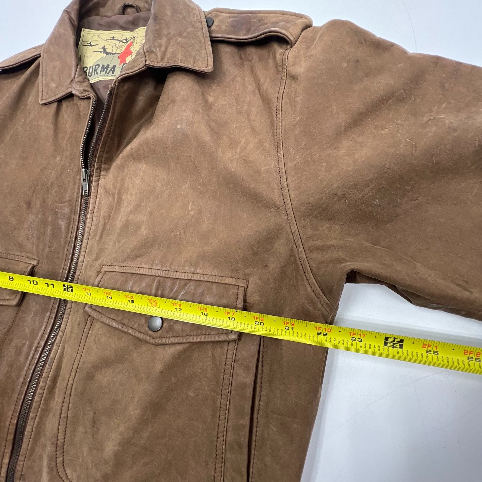 Burma Run Brown Vintage 80s Distressed Leather Bomber Flight Jacket Men's L