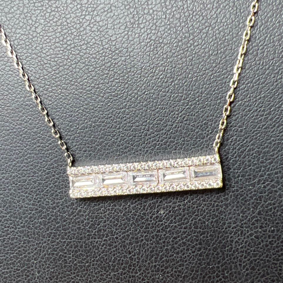 925 Sterling Silver Two Strand Layered Necklace Baguette CZ Bar & Pavé Disc 4.5g