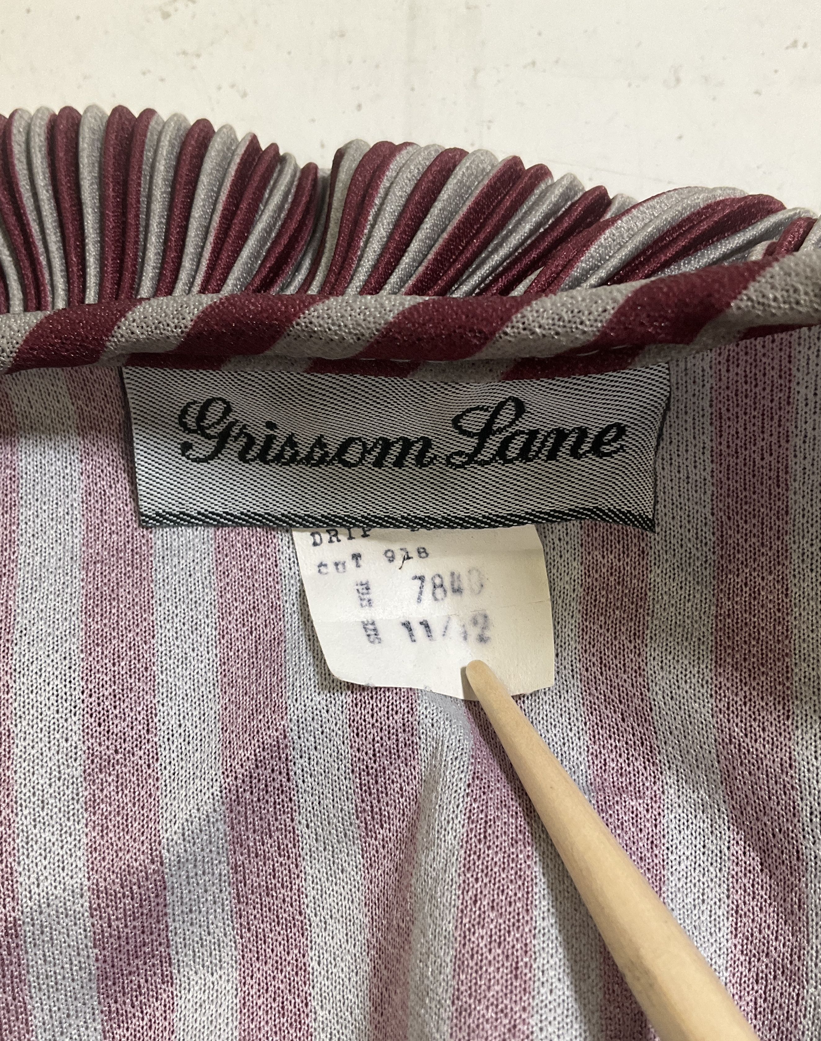 Vintage 70s Grissom Lane Burgundy Stripe Pleated Ruffle Collar Dress Womens