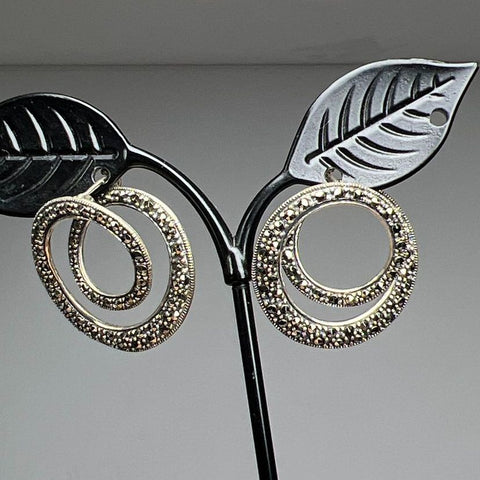 Sterling Silver Round Marcasite Dangle Earrings 8.99g