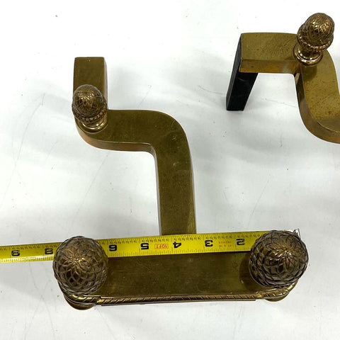 Antique Federal Revival Brass Andirons Fire Dogs Pineapple Finial Pair