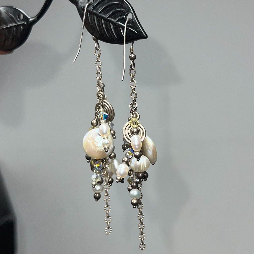 Sterling Silver Pearl Multifaceted Beaded Dangle Earrings