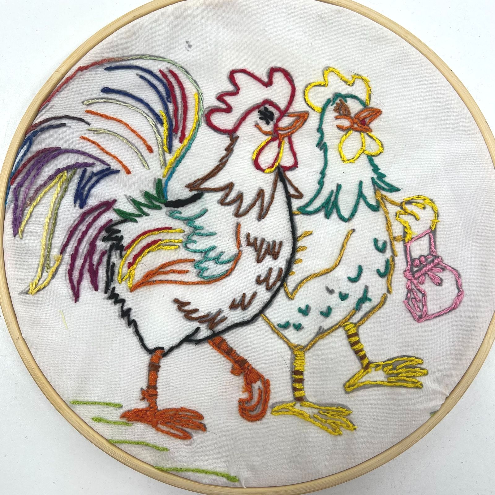 Set of Two Vintage Embroidered Chickens Roosters Handmade 8"