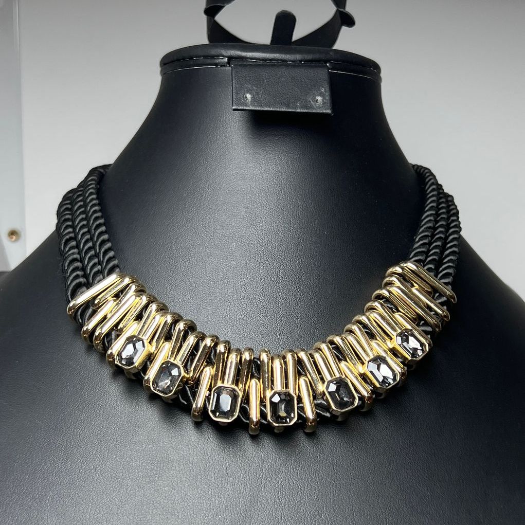 White House Black Market Rhinestone Cord Gold tone Necklace