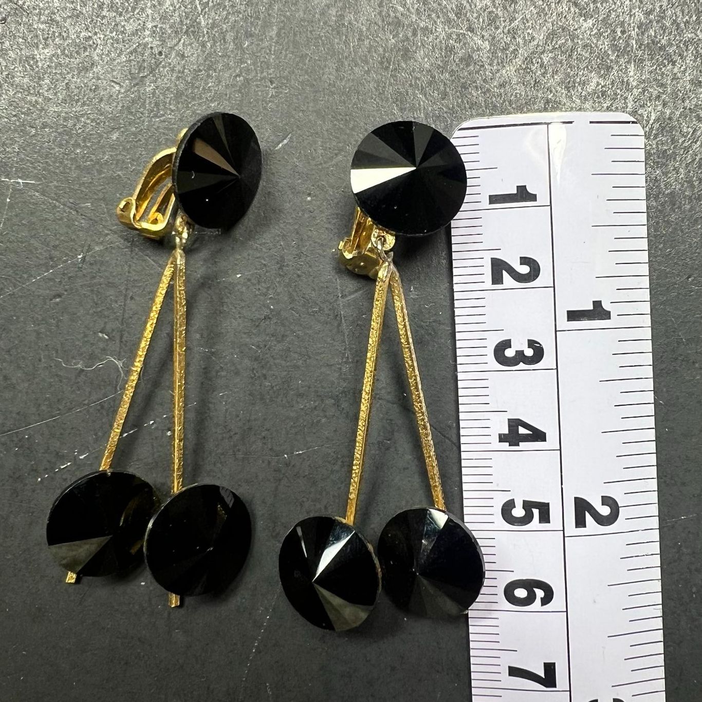 Vintage Lewis Segal Dangle Black Rhinestone Gold Tone Clip On Earrings