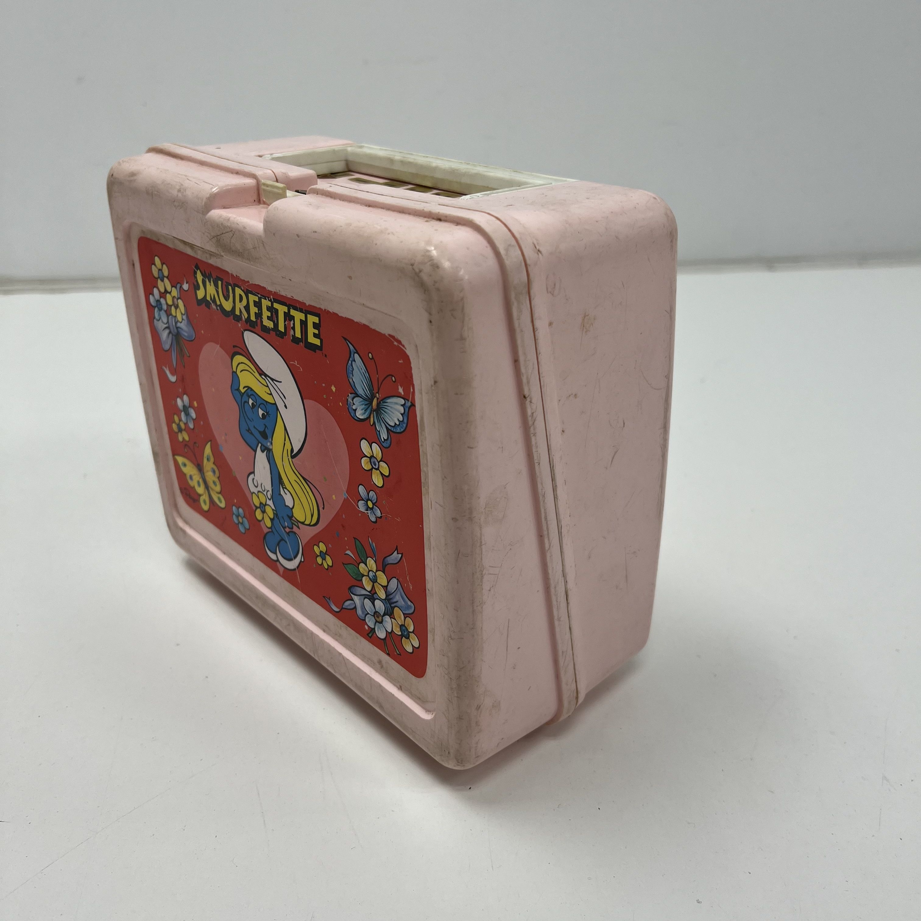 Vintage 80s Thermos Smurfette Pink Plastic Lunchbox with Yellow Smurf Thermos
