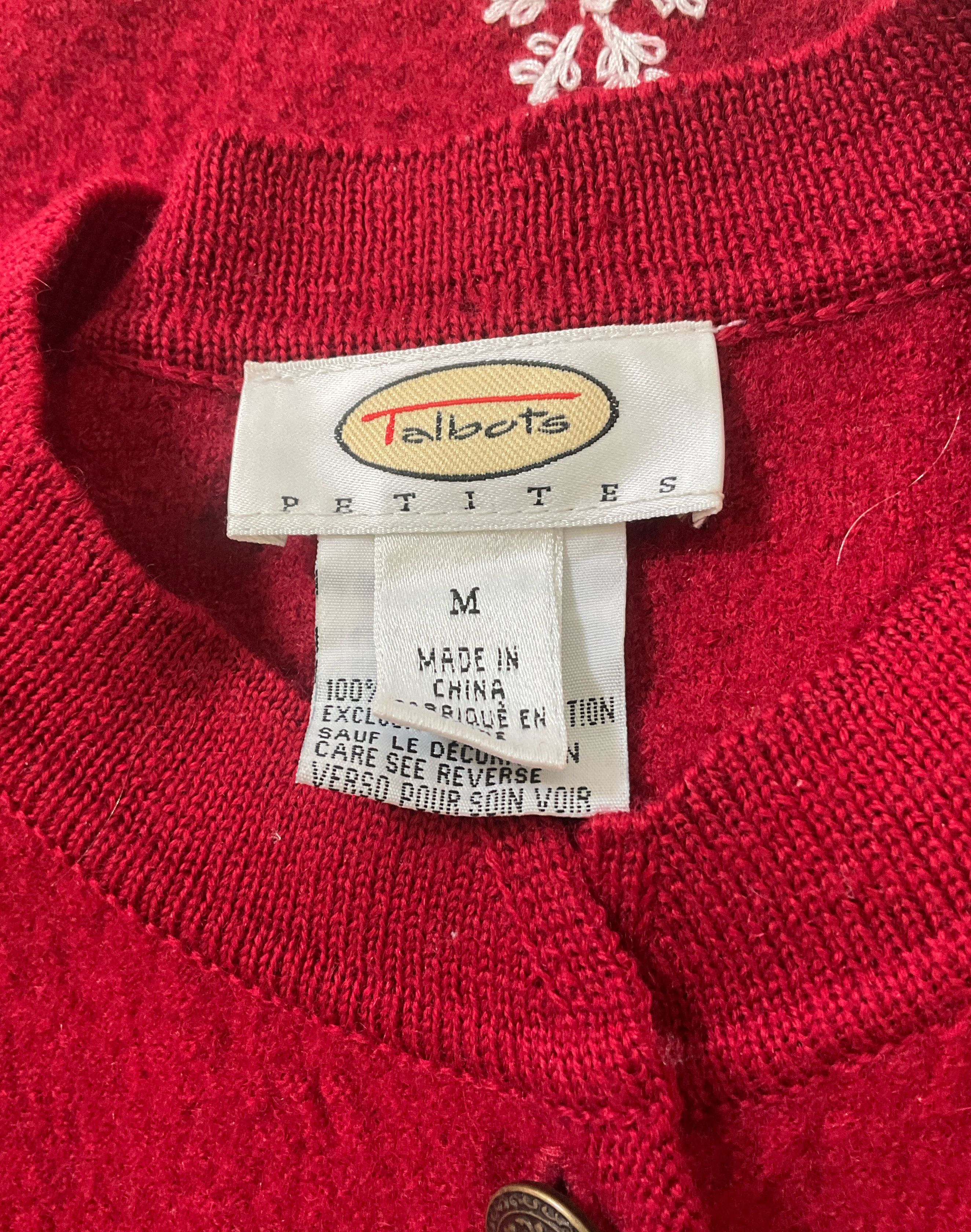 Talbots Women's Red Embroidered Topiary Cardigan 100% Wool Size Petite M Vintage