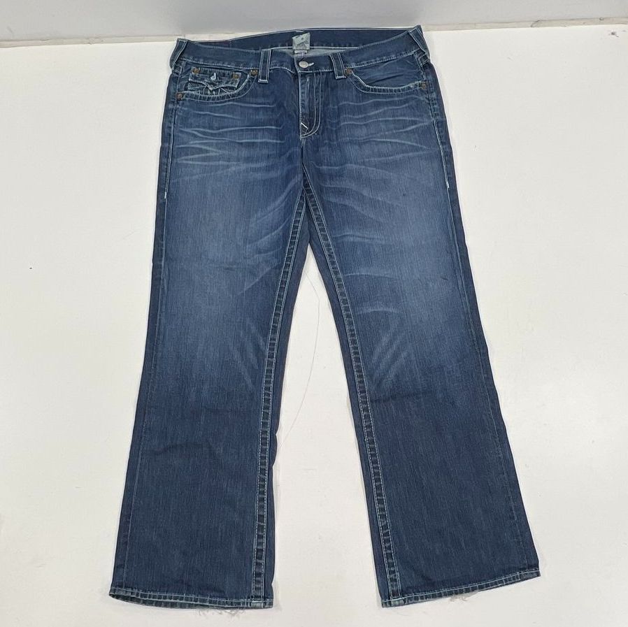 True Religion Ricky Blue Distressed Thick Stitch Bootcut Jeans Men's Size 38